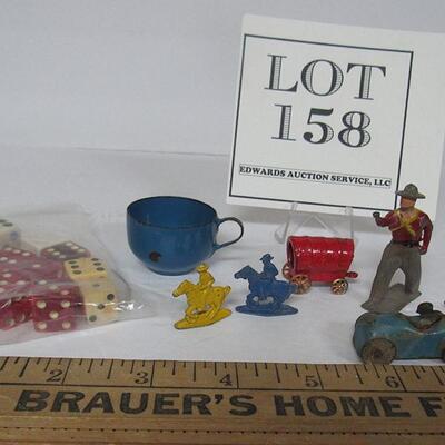 Lot of Vintage Small Toys, Metal Car, Graniteware Cup, Dice, More