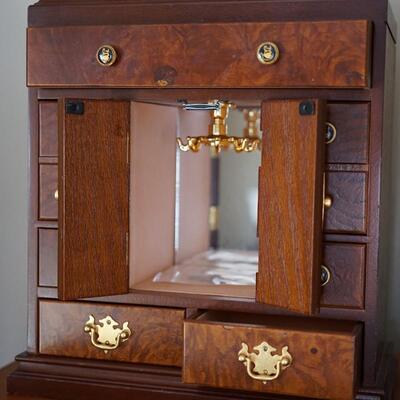 LOVELY BURLED WOOD CHINESE STYLE JEWELRY CABINET