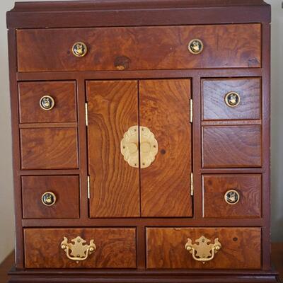 LOVELY BURLED WOOD CHINESE STYLE JEWELRY CABINET