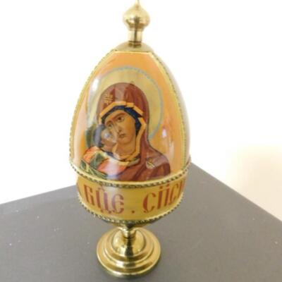Hand Painted Icon Egg Madonna and Child with Messiah Egg Inside