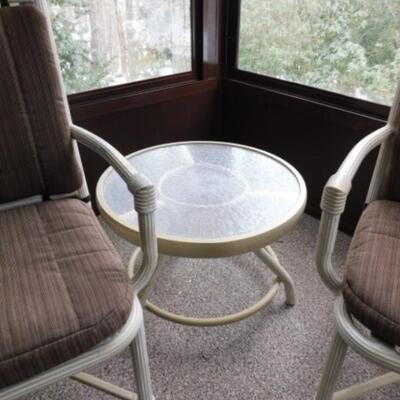 Pair of Metal Frame Patio Chairs with Cushions and Glass Top Side Table