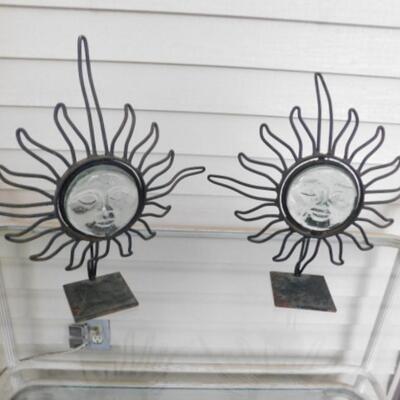 Pair of Heavy Gauge Wrought Metal Tea Light Patio Decor Glass Face Sun