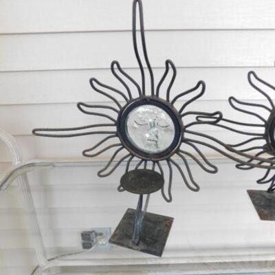 Pair of Heavy Gauge Wrought Metal Tea Light Patio Decor Glass Face Sun