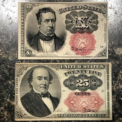 2 Civil War Fractional Currency 25 and 10 Cent Notes Set