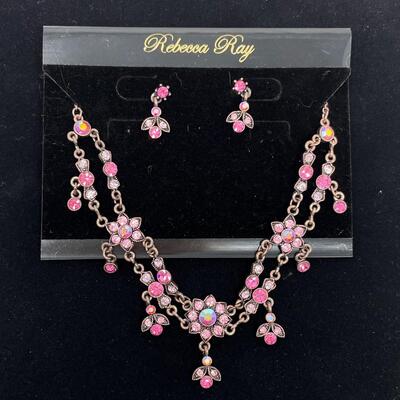 REBECCA RAY PINK RHINESTONE EARRING & NECKLACE SET