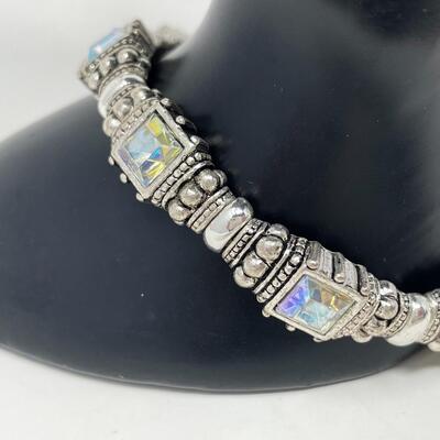 SILVER TONED STRETCH BRACELET W/ IRIDESCENT RHINESTONES