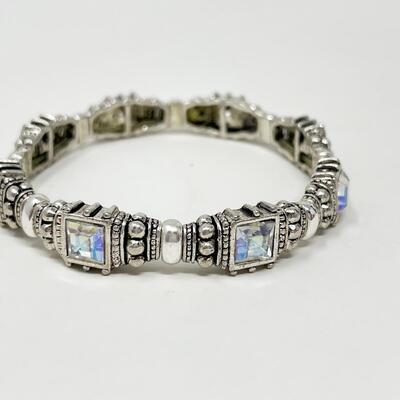 SILVER TONED STRETCH BRACELET W/ IRIDESCENT RHINESTONES