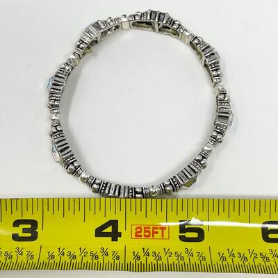 SILVER TONED STRETCH BRACELET W/ IRIDESCENT RHINESTONES