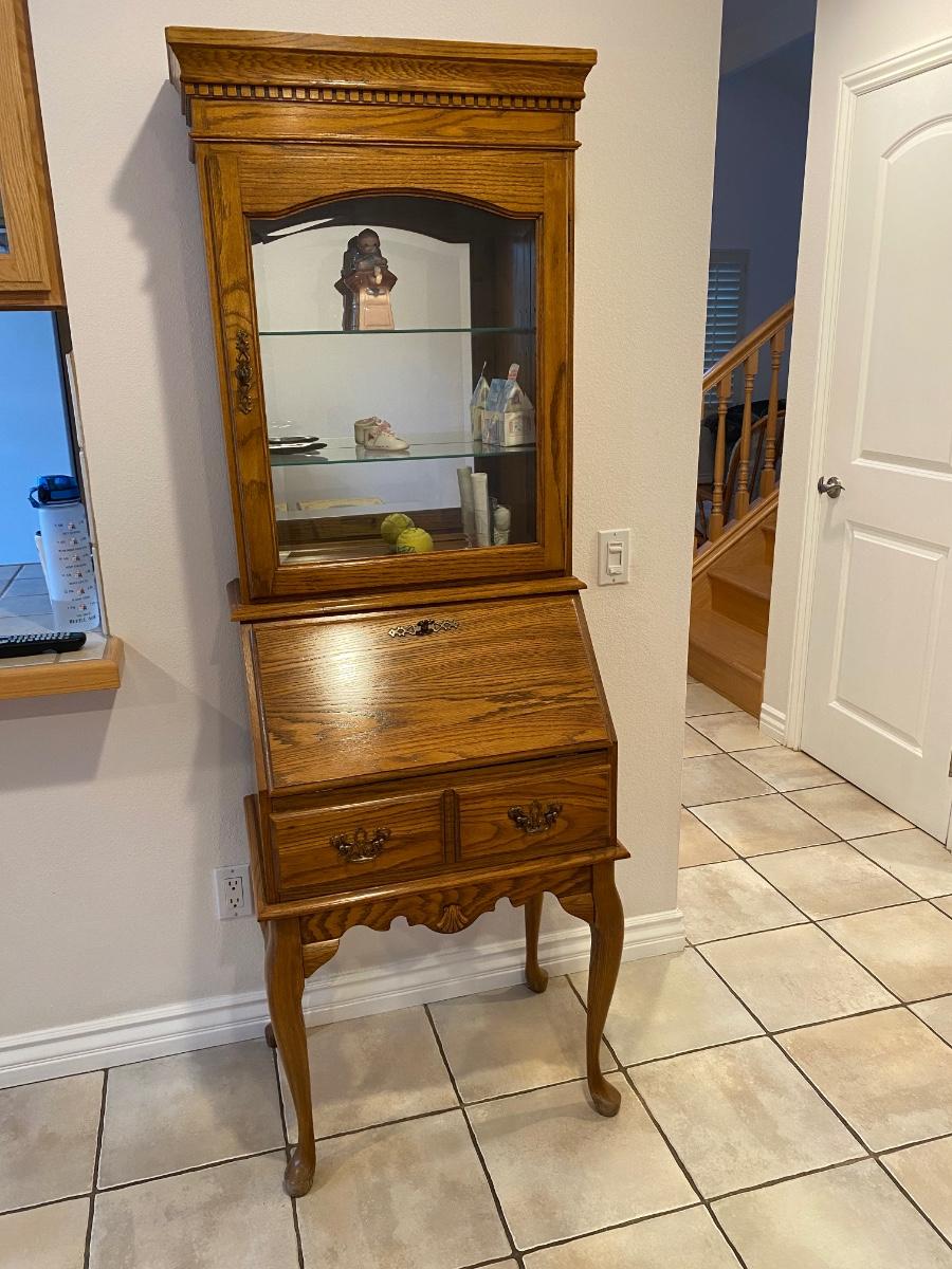 Oak Wood Secretary Desk Hutch with Glass Shelves Mirrored Back