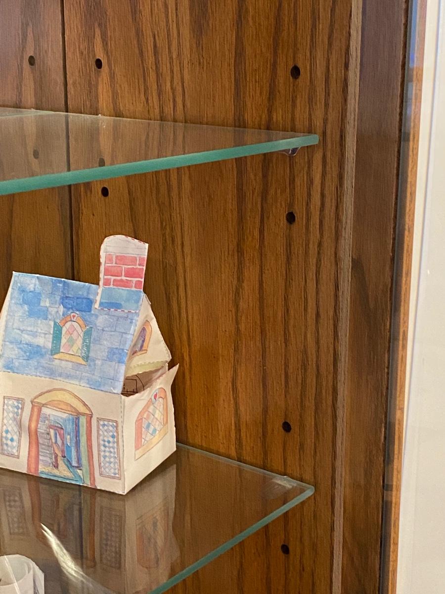 Oak Wood Secretary Desk Hutch with Glass Shelves Mirrored Back