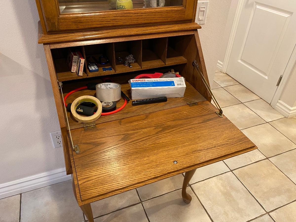 Oak Wood Secretary Desk Hutch with Glass Shelves Mirrored Back