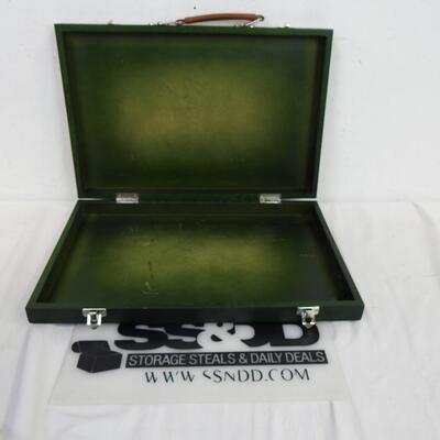 Wood Case, with faux leather handle green, 15 3/4 in x101/2 in x 2 1/2 in