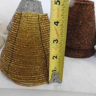 Lamp shades:7 cloth 8 1/2 in, 5 silver, brown & gold beaded:5 in, good condition