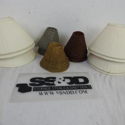 Lamp shades:7 cloth 8 1/2 in, 5 silver, brown & gold beaded:5 in, good condition