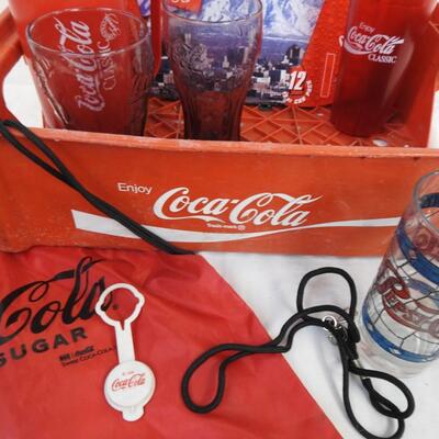 Coca Cola & Pepsi 12 Pc : Coke plastic crate, bag, mug, glasses, Pepsi glasses