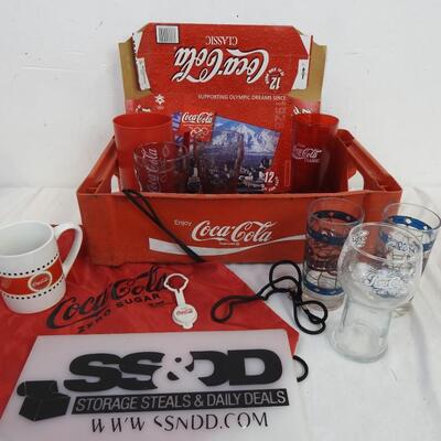 Coca Cola & Pepsi 12 Pc : Coke plastic crate, bag, mug, glasses, Pepsi glasses