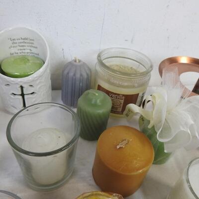 Candle lot: with woven basket: doTERRA, flame snuffer, votives, candle holders