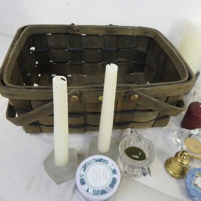 Candle lot: with woven basket: doTERRA, flame snuffer, votives, candle holders