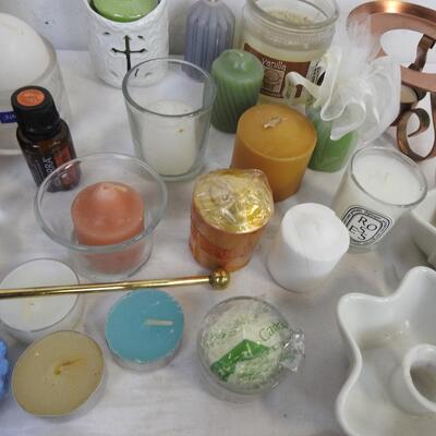 Candle lot: with woven basket: doTERRA, flame snuffer, votives, candle holders