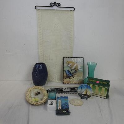 Beach decor: Sand dollar, Lighthouses,, seashell framed art, vases, thermometer