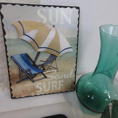 Beach decor: Sand dollar, Lighthouses,, seashell framed art, vases, thermometer