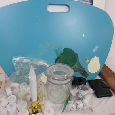Craft lot: wood, art pallet, battery tea lights, foam board, glass jar