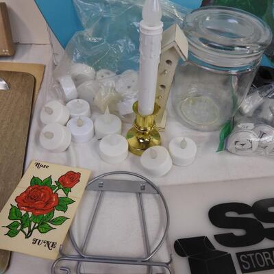 Craft lot: wood, art pallet, battery tea lights, foam board, glass jar