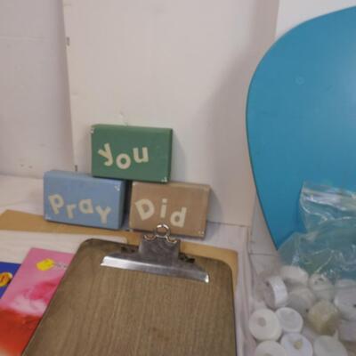 Craft lot: wood, art pallet, battery tea lights, foam board, glass jar