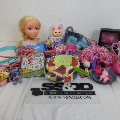 Toy lot 20+ pcs: Barbie, Doc McStuffin, Lisa Frank, denim purse, figurines,