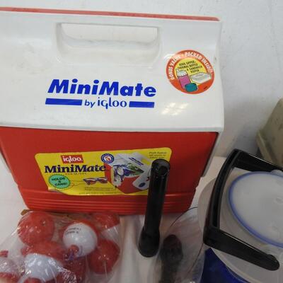 Large fishing lot: Tackle box, bobbers, Igloo cooler, Thermos, light, flashlight
