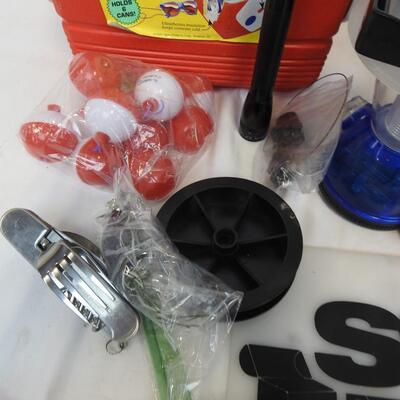 Large fishing lot: Tackle box, bobbers, Igloo cooler, Thermos, light, flashlight