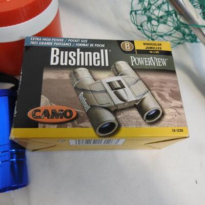 Large fishing lot: Tackle box, bobbers, Igloo cooler, Thermos, light, flashlight