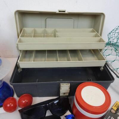 Large fishing lot: Tackle box, bobbers, Igloo cooler, Thermos, light, flashlight