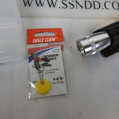 Large fishing lot: Tackle box, bobbers, Igloo cooler, Thermos, light, flashlight