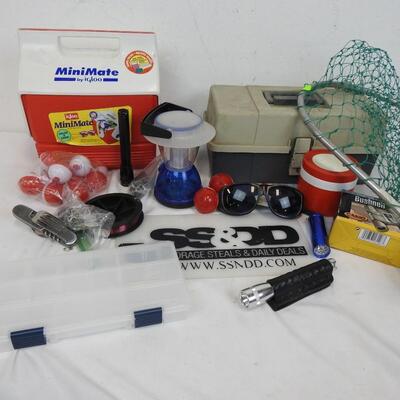 Large fishing lot: Tackle box, bobbers, Igloo cooler, Thermos, light, flashlight