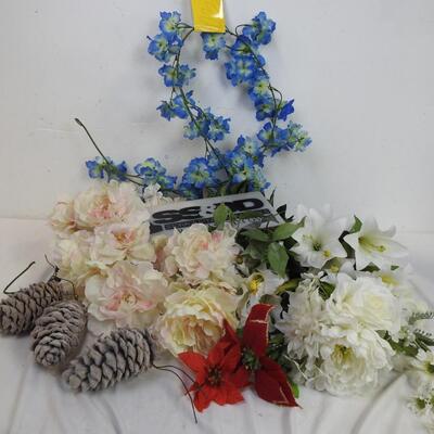 Artificial flowers  large lot w/3 frosted pinecone picks, colors, white, blue
