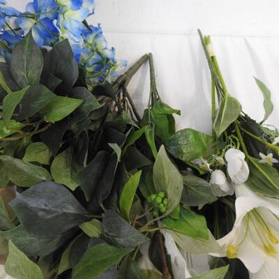 Artificial flowers  large lot w/3 frosted pinecone picks, colors, white, blue
