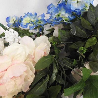 Artificial flowers  large lot w/3 frosted pinecone picks, colors, white, blue