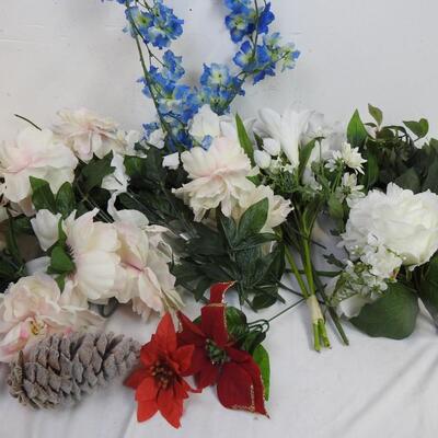 Artificial flowers  large lot w/3 frosted pinecone picks, colors, white, blue