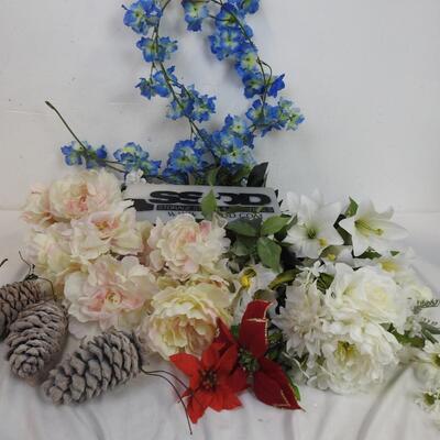 Artificial flowers  large lot w/3 frosted pinecone picks, colors, white, blue