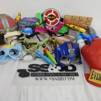 Toys: Nerf, guns, Numchucks, handcuffs, Viking helmet, Everlast boxing glove