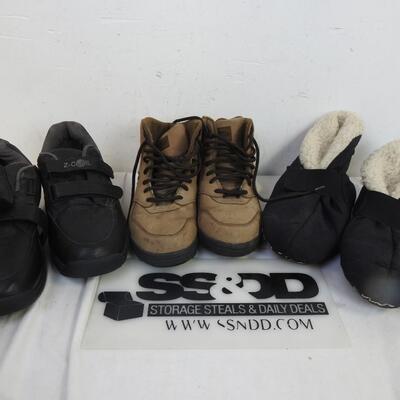Mens shoes/slippers:3 pairs: sizes 9-9 1/2 /med lg, Lava Booties, Z-Coil, Vesque