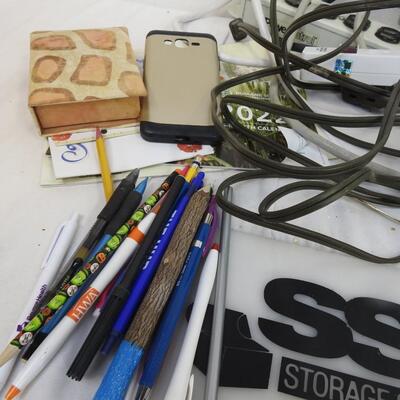 Office lot: surge protector, power supply strips, speakers, CD cases, calendars
