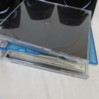 Office lot: surge protector, power supply strips, speakers, CD cases, calendars