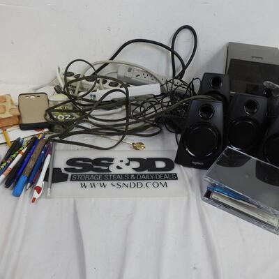 Office lot: surge protector, power supply strips, speakers, CD cases, calendars