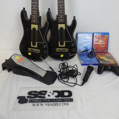 2 Guitar Hero Guitars, Rockband Petal & Microphone, Infinity & PlayStation Games