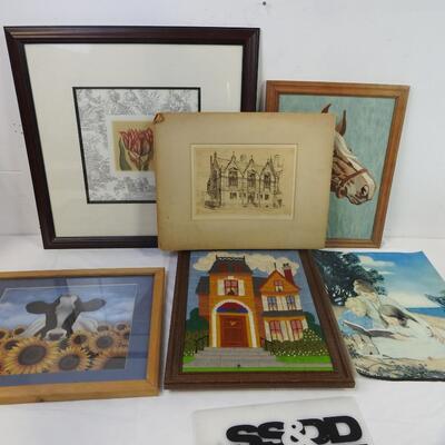 6 pc Wall Art, Horse, Basil Field, Cow In a Field, Woven House