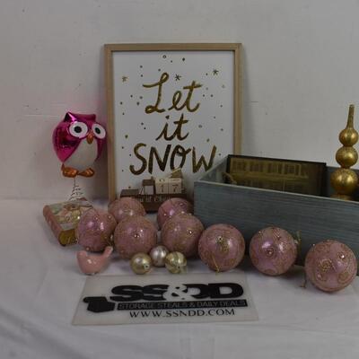 Christmas lot with wood crate, pink & gold ornaments, 2 tree tops, wood truck