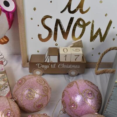 Christmas lot with wood crate, pink & gold ornaments, 2 tree tops, wood truck
