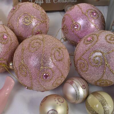 Christmas lot with wood crate, pink & gold ornaments, 2 tree tops, wood truck